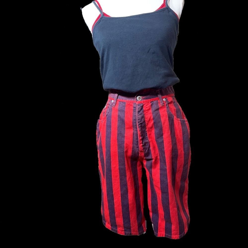 RETRO RED AND BLACK DENIM JEAN SHORTS WOMENS, TEENS, JUNIORS